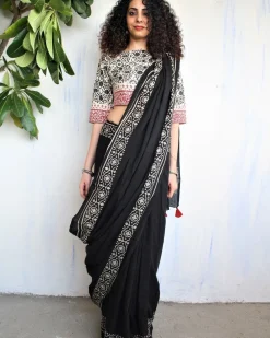 Ivory Black Block Printed Cotton Mul Saree