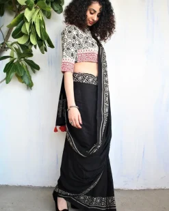 Ivory Black Block Printed Cotton Mul Saree