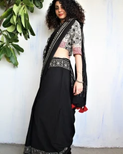 Ivory Black Block Printed Cotton Mul Saree