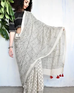 Ivory Black Block Printed Cotton Mul Saree