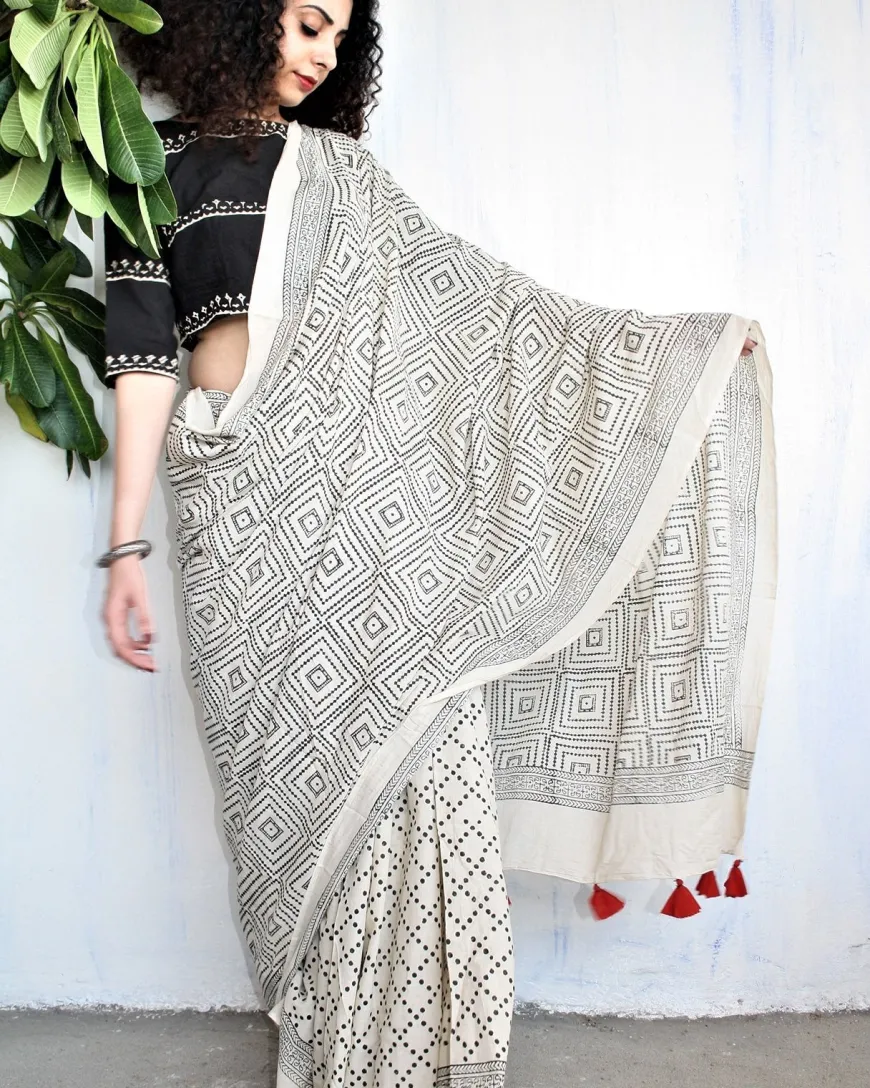 Ivory Black Block Printed Cotton Mul Saree