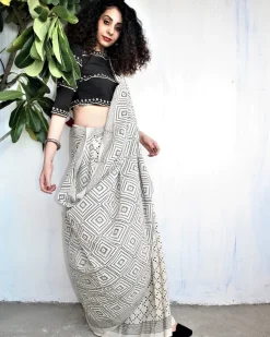 Ivory Black Block Printed Cotton Mul Saree