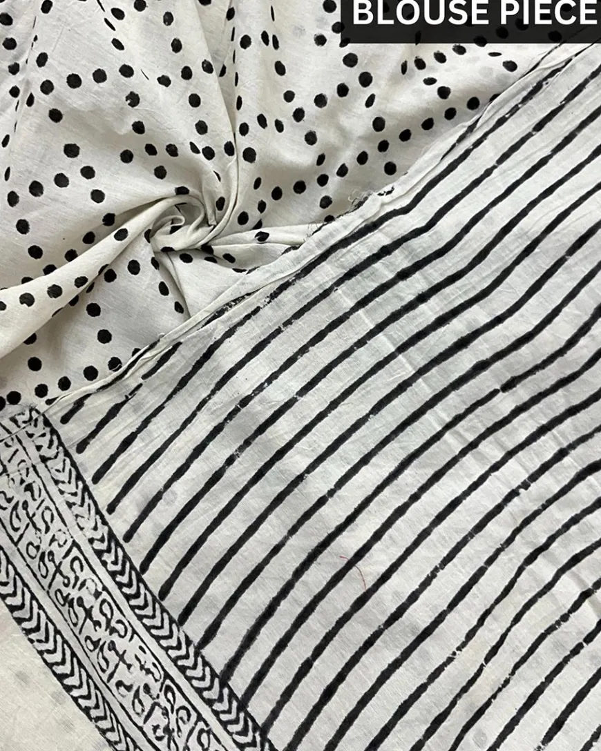 Ivory Black Block Printed Cotton Mul Saree