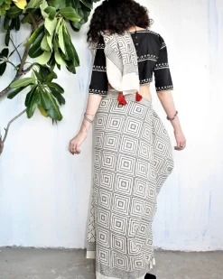 Ivory Black Block Printed Cotton Mul Saree
