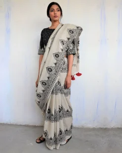 Ivory Black Block Printed Cotton Mul Saree - God