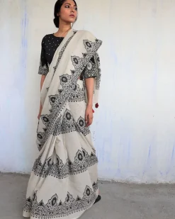 Ivory Black Block Printed Cotton Mul Saree - God