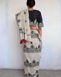Ivory Black Block Printed Cotton Mul Saree - God