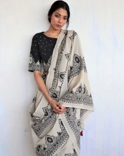Ivory Black Block Printed Cotton Mul Saree - God