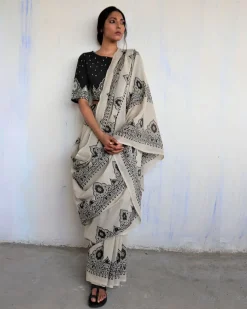 Ivory Black Block Printed Cotton Mul Saree - God