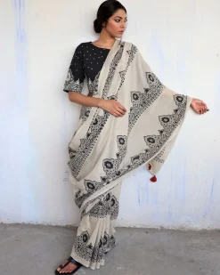Ivory Black Block Printed Cotton Mul Saree - God