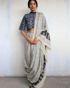 Ivory Black Border Block Printed Cotton Mul Saree - God