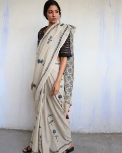 Ivory Black Dragonfly Block Printed Cotton Mul Saree -God
