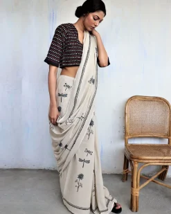 Ivory Black Dragonfly Block Printed Cotton Mul Saree -God