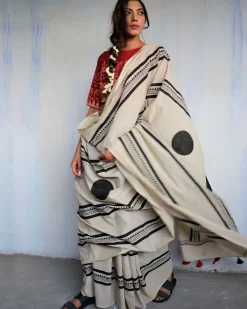 Ivory Blockprinted Cotton Mul Saree - God
