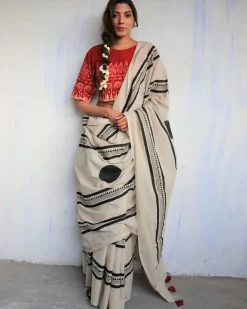 Ivory Blockprinted Cotton Mul Saree - God