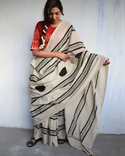 Ivory Blockprinted Cotton Mul Saree - God