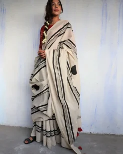 Ivory Blockprinted Cotton Mul Saree - God