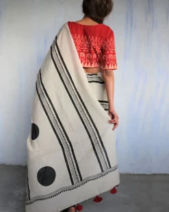 Ivory Blockprinted Cotton Mul Saree - God