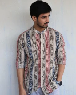 Ivory Block-Printed Men's Shirt