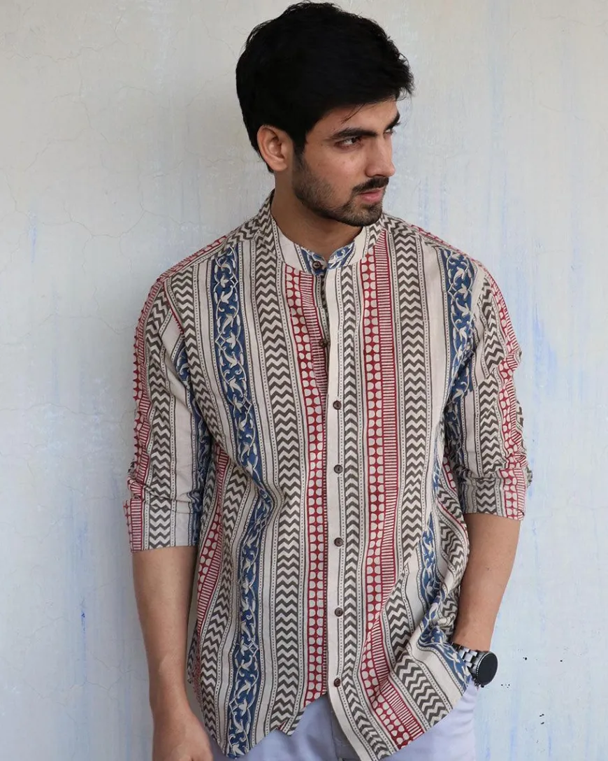 Ivory Block-Printed Men's Shirt