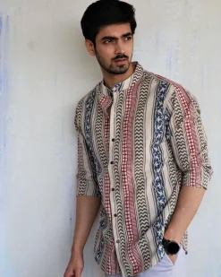 Ivory Block-Printed Men's Shirt