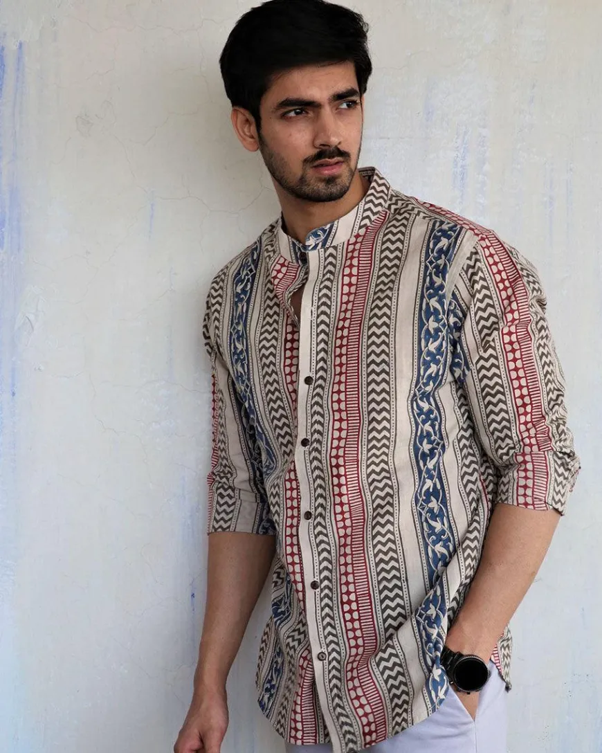 Ivory Block-Printed Men's Shirt