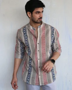 Ivory Block-Printed Men's Shirt