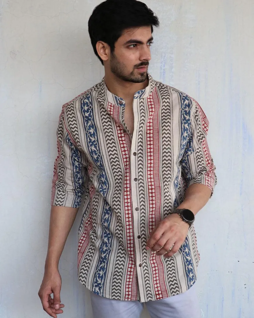 Ivory Block-Printed Men's Shirt