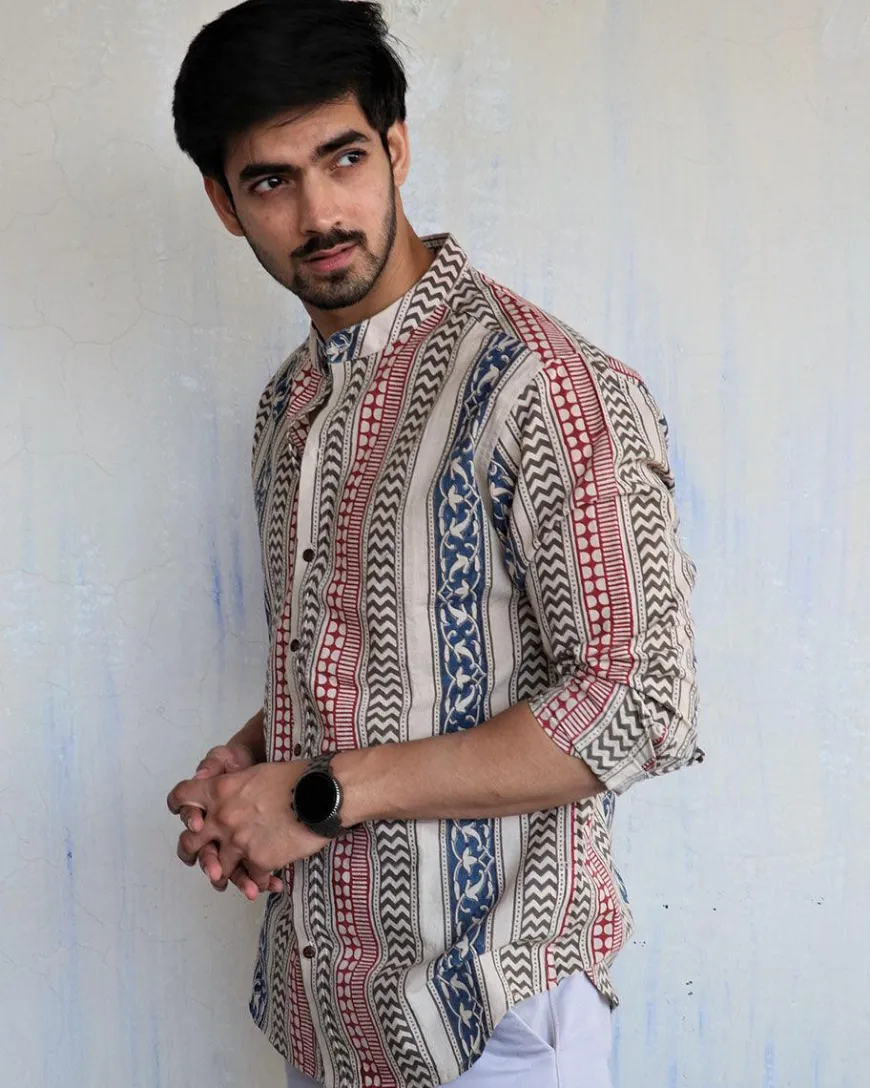Ivory Block-Printed Men's Shirt