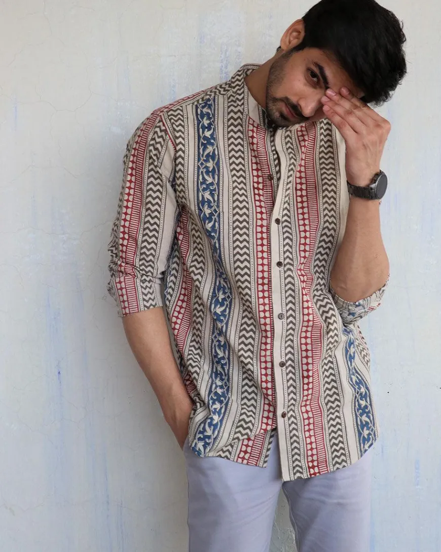 Ivory Block-Printed Men's Shirt