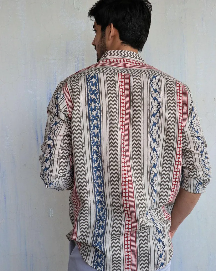 Ivory Block-Printed Men's Shirt