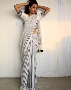 Ivory Blue Block Printed Cotton Mul Saree
