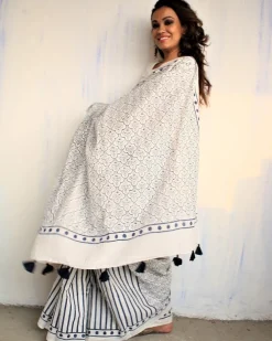 Ivory Blue Block Printed Cotton Mul Saree
