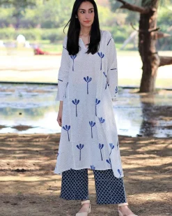Ivory Blue Blockprinted Cotton Kurta With Palazzo (Set Of 2)
