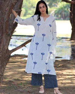 Ivory Blue Blockprinted Cotton Kurta With Palazzo (Set Of 2)