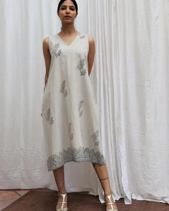 Ivory Mist Handblockprinted Cotton Dress-Sor