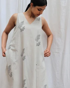 Ivory Mist Handblockprinted Cotton Dress-Sor