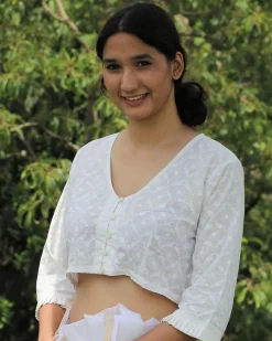 Ivory Pure Cotton Handprinted Blouse-Safed