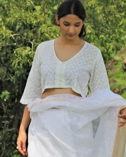 Ivory Pure Cotton Handprinted Blouse-Safed