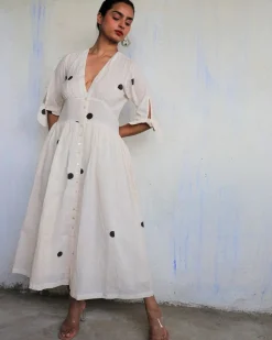 Ivory Pure Cotton Polka Dot Dress-Mono