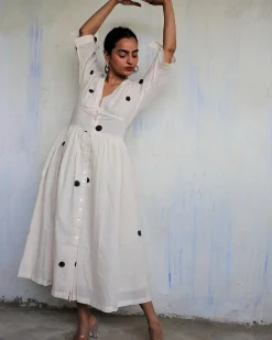 Ivory Pure Cotton Polka Dot Dress-Mono