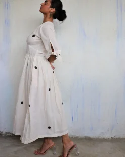 Ivory Pure Cotton Polka Dot Dress-Mono