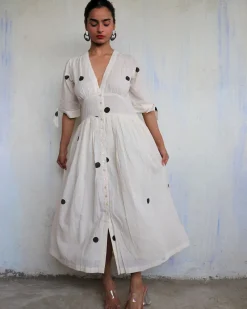Ivory Pure Cotton Polka Dot Dress-Mono
