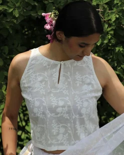 Ivory Pure Cotton Sleeveless Handprinted Blouse-Safed