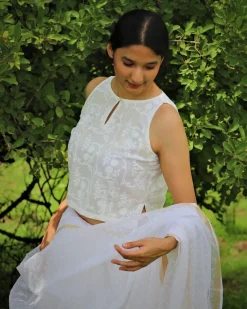 Ivory Pure Cotton Sleeveless Handprinted Blouse-Safed