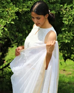 Ivory Pure Cotton Sleeveless Handprinted Blouse-Safed
