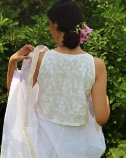 Ivory Pure Cotton Sleeveless Handprinted Blouse-Safed