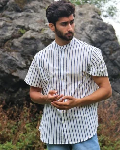 Ivory Striped Block Printed Cotton Half-Sleeved Shirt