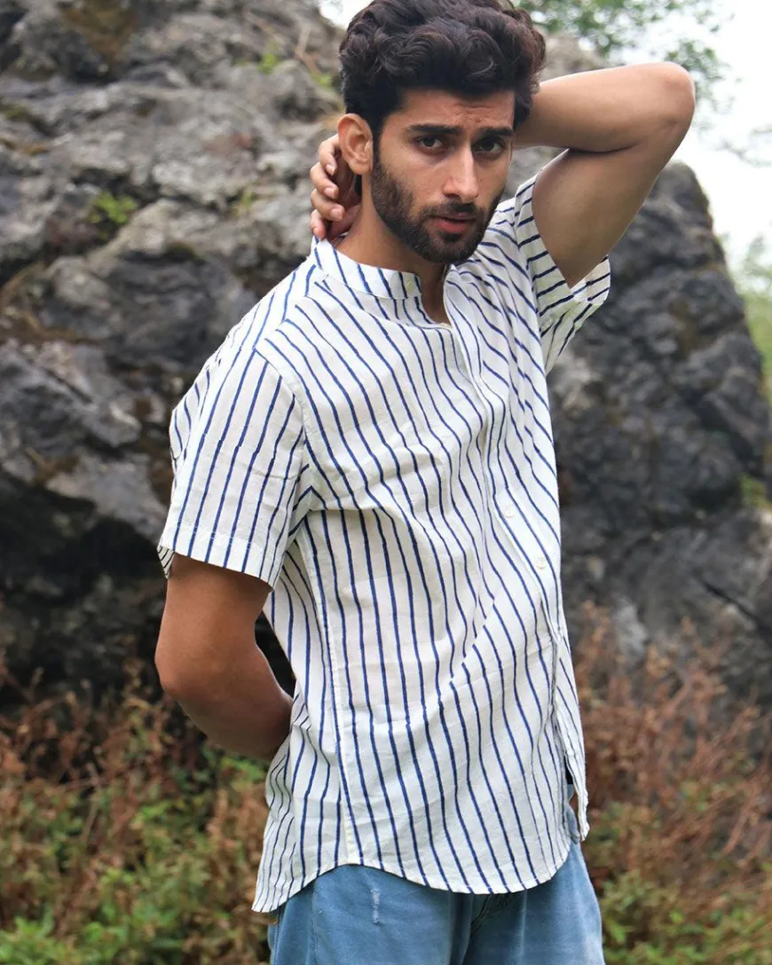 Ivory Striped Block Printed Cotton Half-Sleeved Shirt