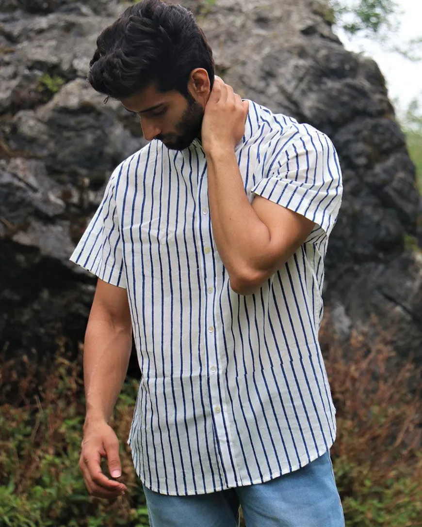 Ivory Striped Block Printed Cotton Half-Sleeved Shirt